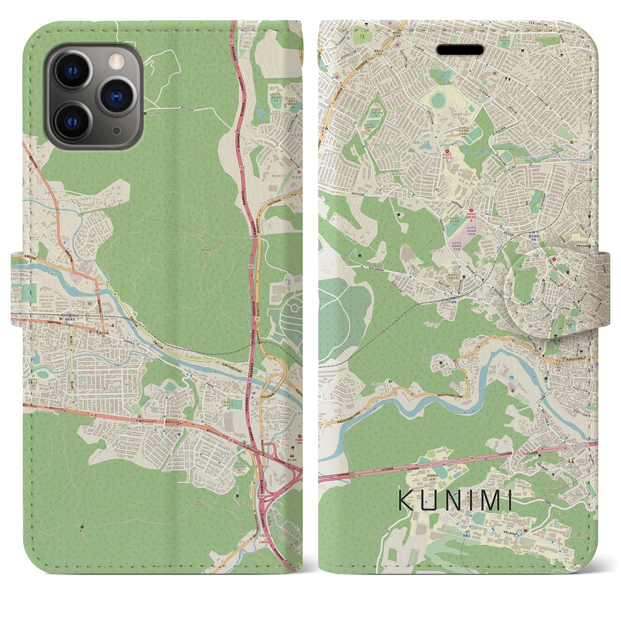 【国見(宮城県)】地図柄iPhoneケース(手帳タイプ)ナチュラル・iPhone 11 Pro Max 用