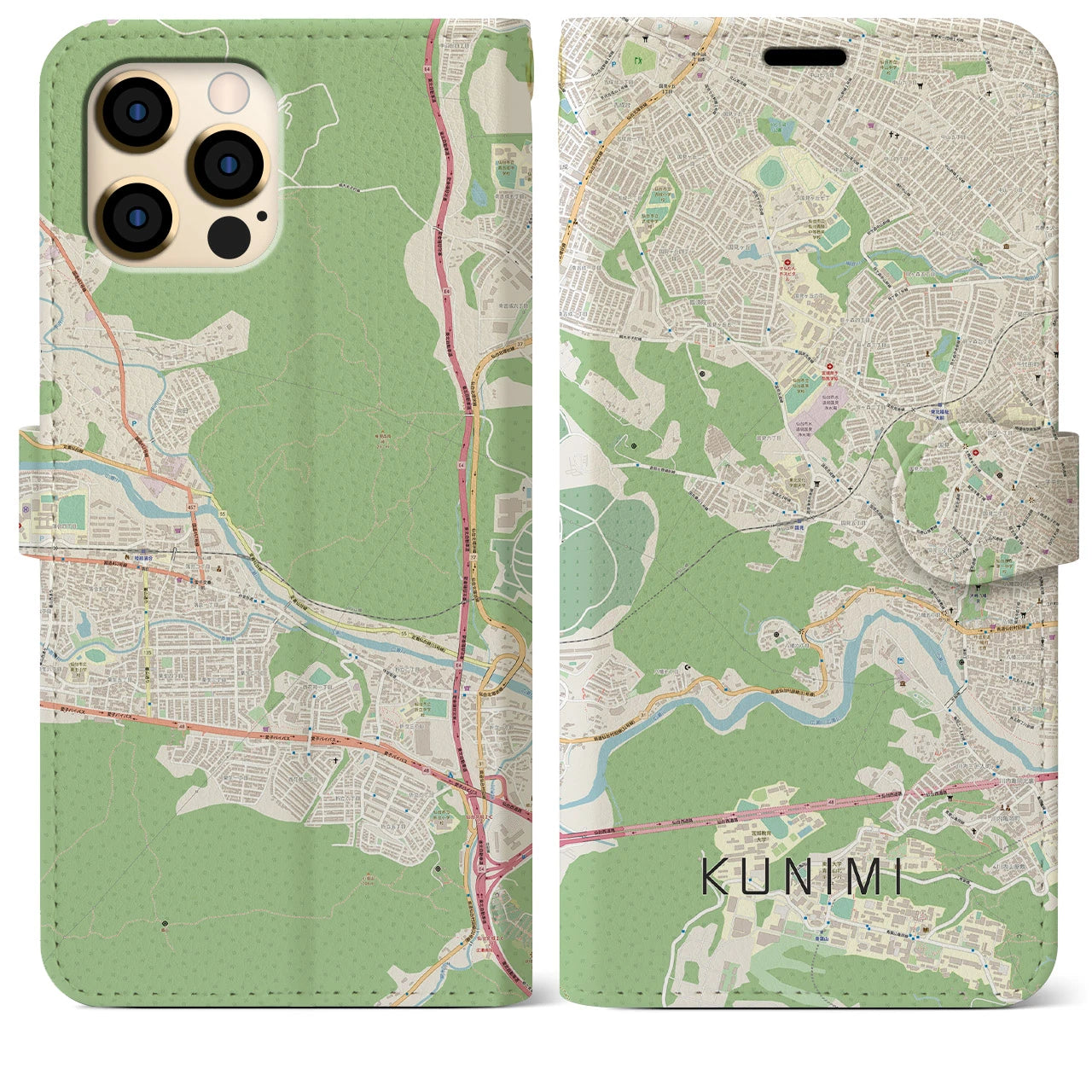 【国見(宮城県)】地図柄iPhoneケース(手帳タイプ)ナチュラル・iPhone 12 Pro Max 用