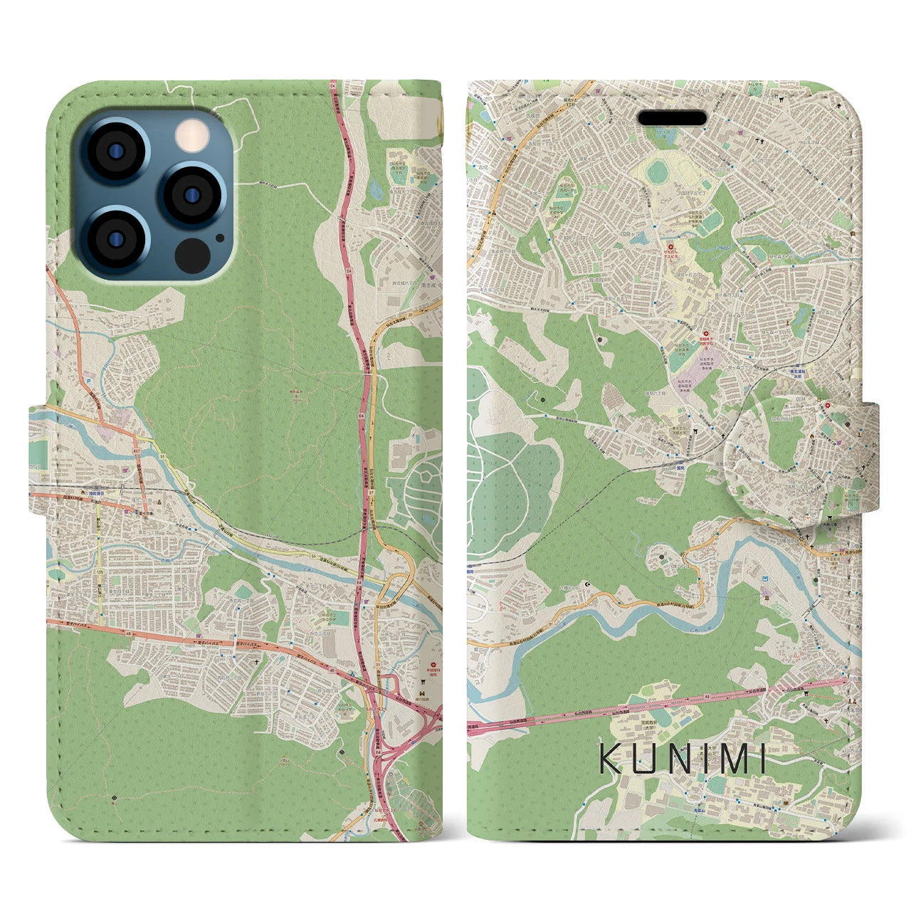 【国見(宮城県)】地図柄iPhoneケース(手帳タイプ)ナチュラル・iPhone 12 / 12 Pro 用