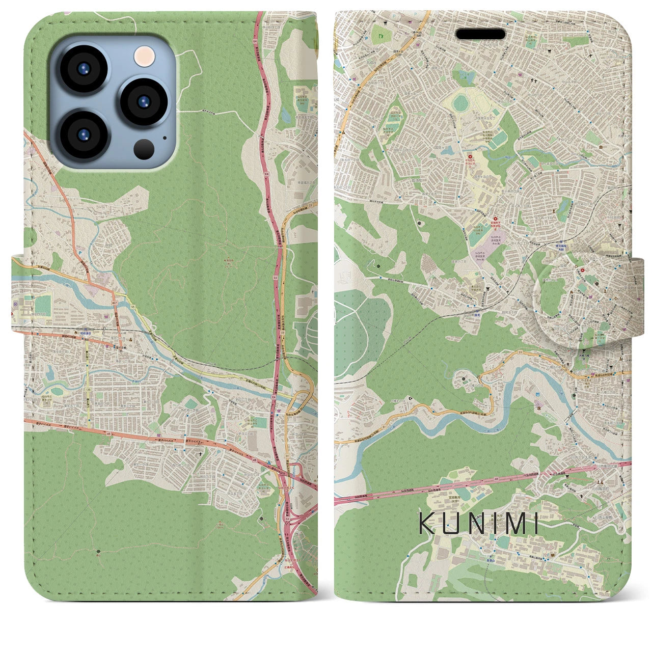 【国見(宮城県)】地図柄iPhoneケース(手帳タイプ)ナチュラル・iPhone 13 Pro Max 用