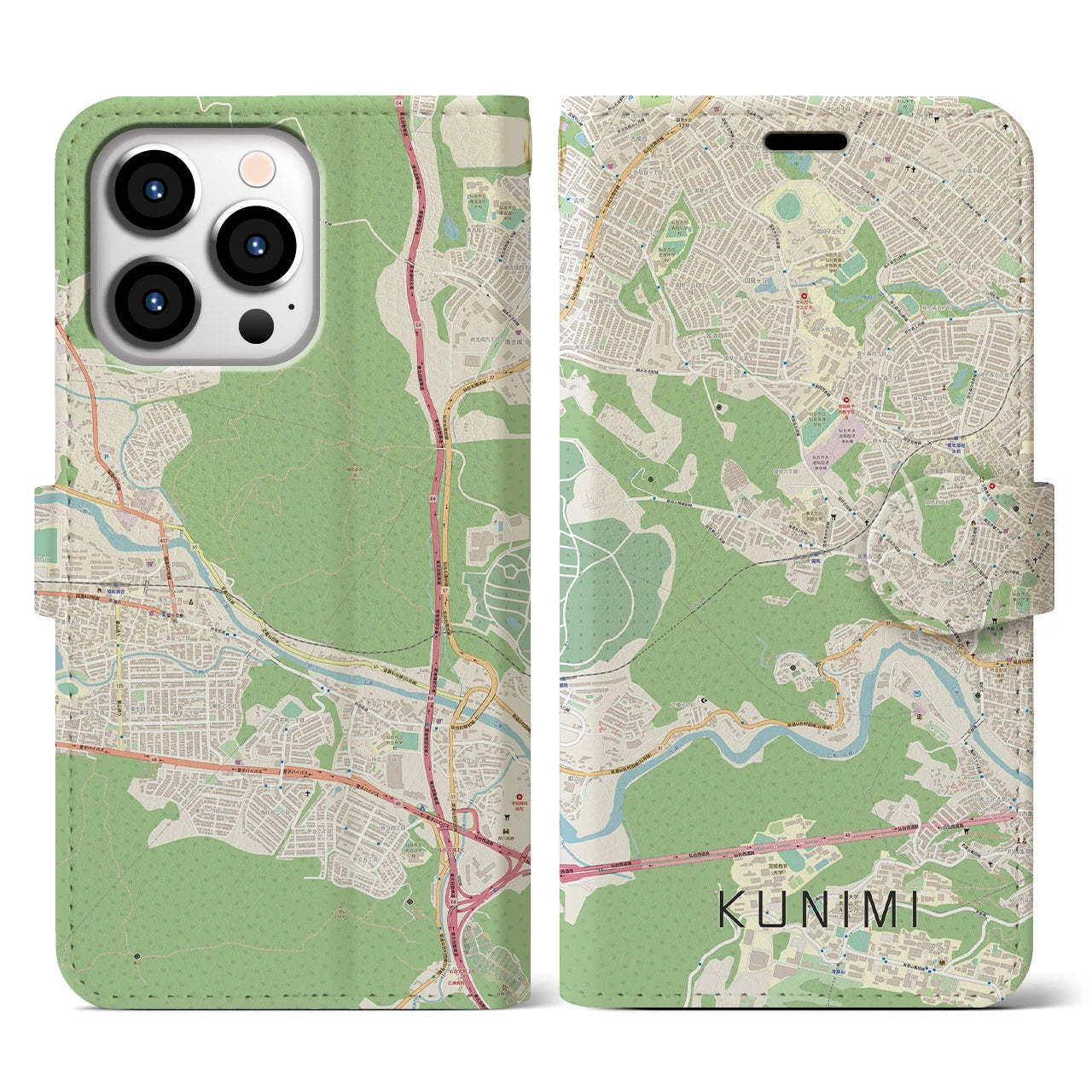 【国見(宮城県)】地図柄iPhoneケース(手帳タイプ)ナチュラル・iPhone 13 Pro 用