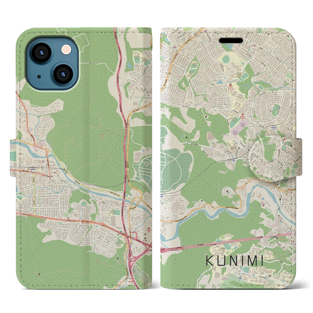 【国見(宮城県)】地図柄iPhoneケース(手帳タイプ)ナチュラル・iPhone 13 用