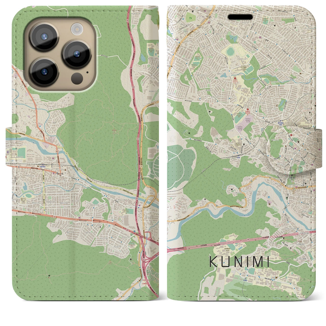 【国見(宮城県)】地図柄iPhoneケース(手帳タイプ)ナチュラル・iPhone 14 Pro Max 用