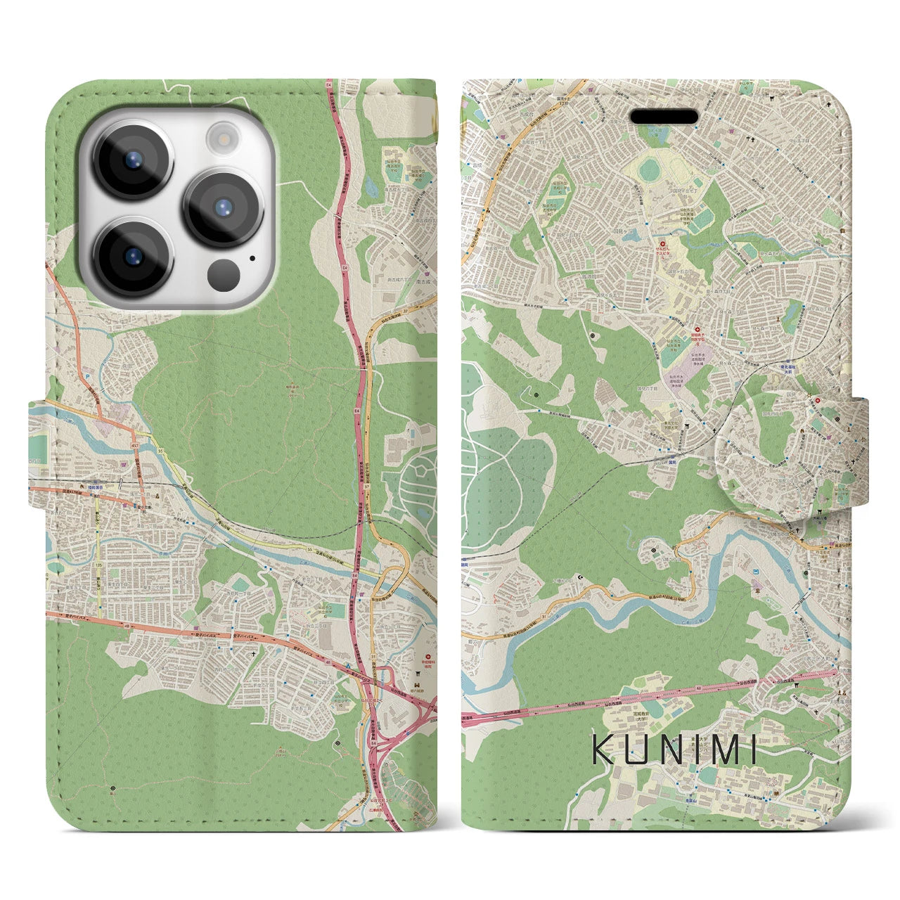 【国見(宮城県)】地図柄iPhoneケース(手帳タイプ)ナチュラル・iPhone 14 Pro 用