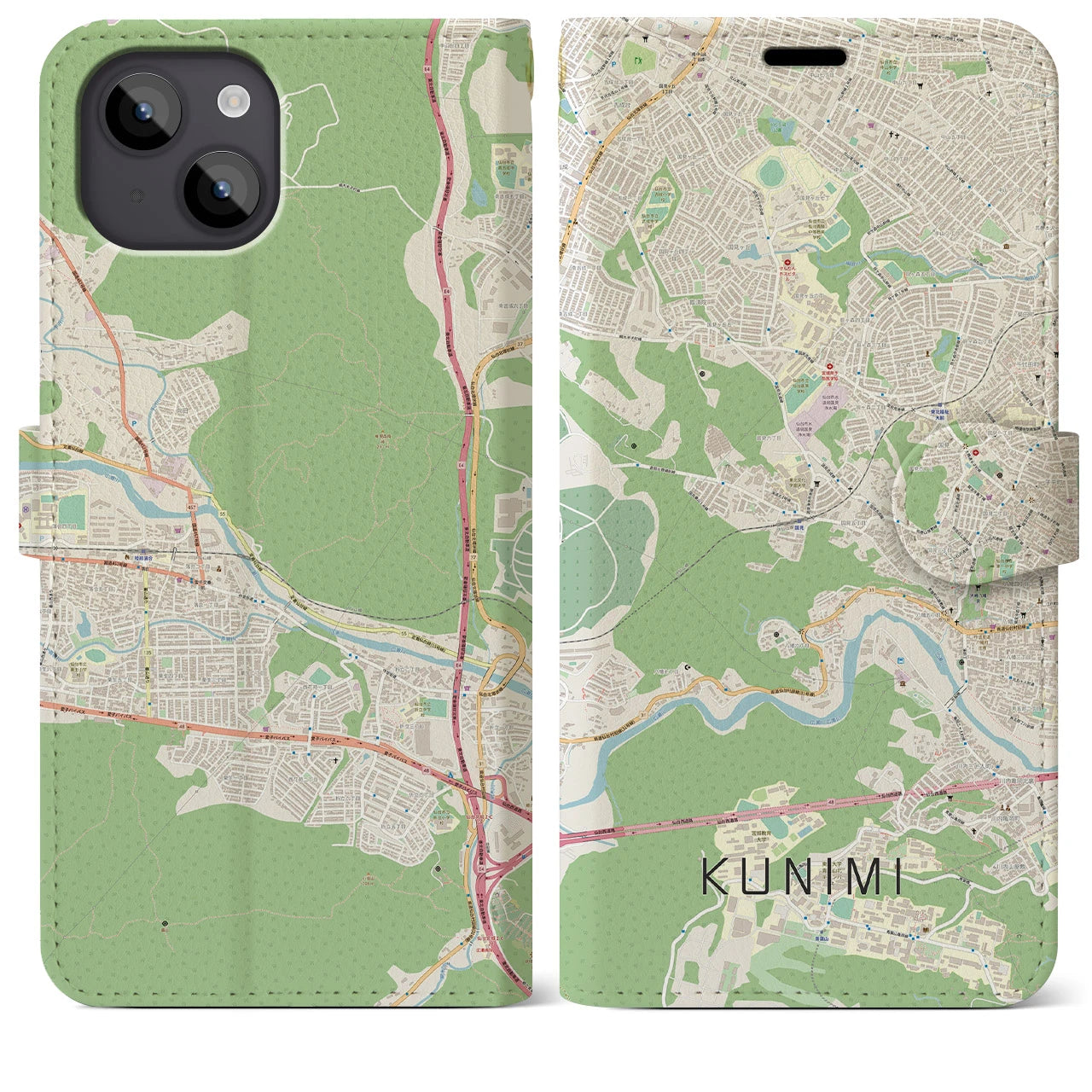 【国見(宮城県)】地図柄iPhoneケース(手帳タイプ)ナチュラル・iPhone 14 Plus 用