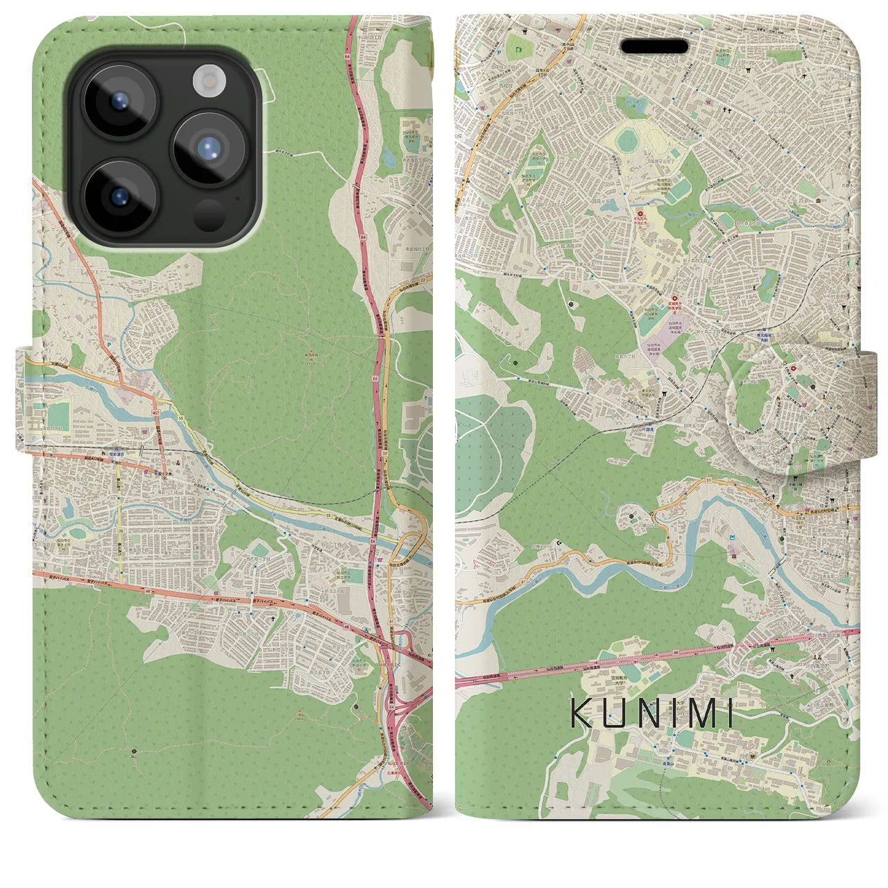 【国見(宮城県)】地図柄iPhoneケース(手帳タイプ)ナチュラル・iPhone 15 Pro Max 用