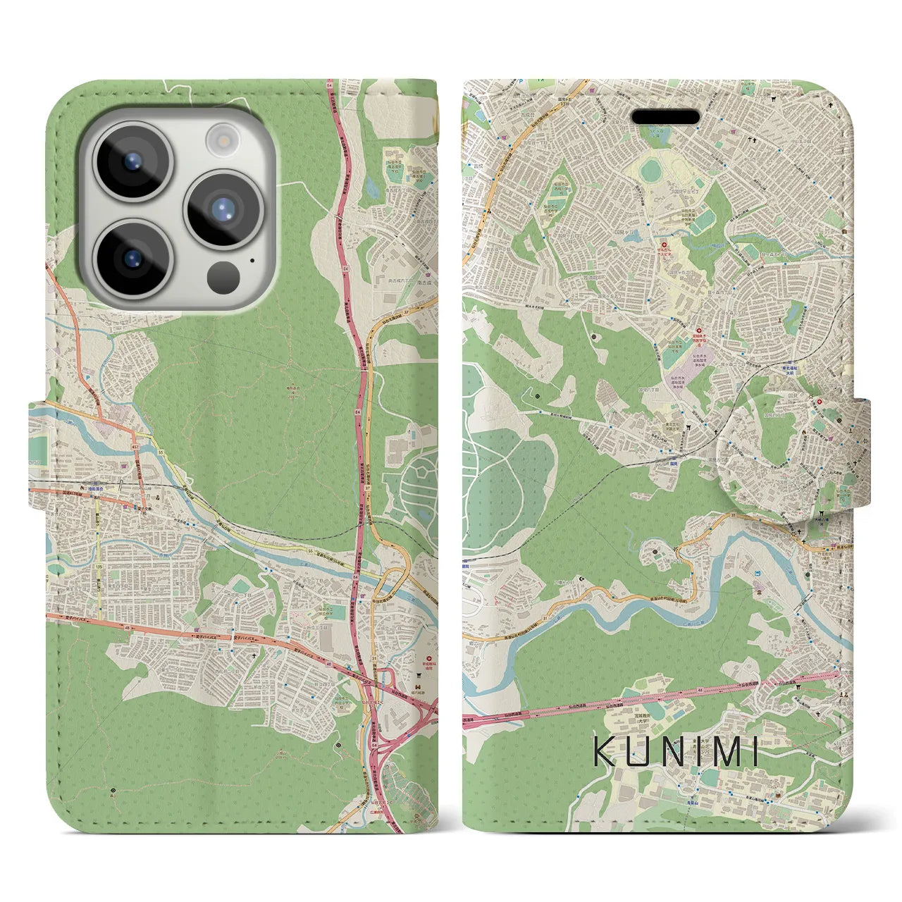 【国見(宮城県)】地図柄iPhoneケース(手帳タイプ)ナチュラル・iPhone 15 Pro 用