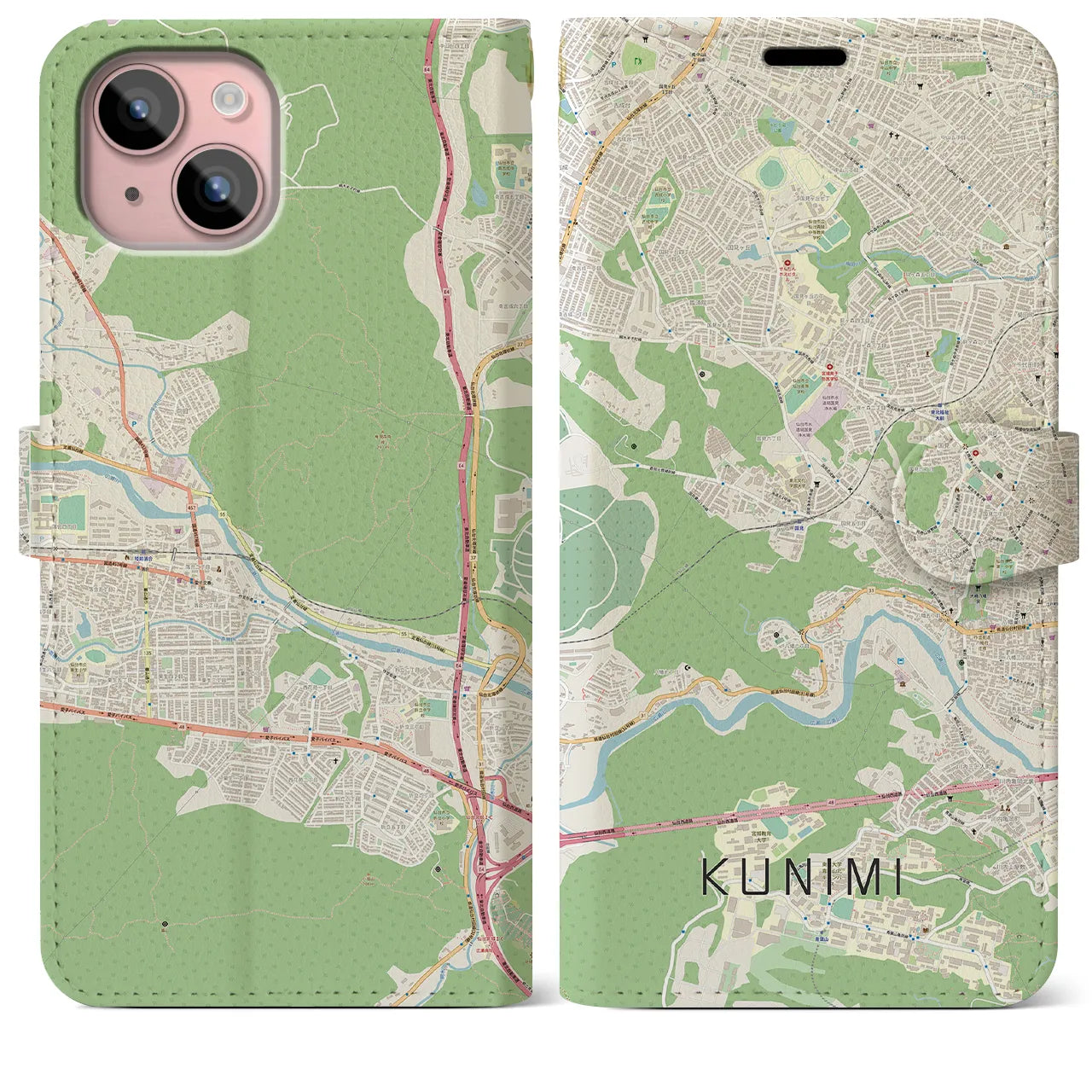 【国見(宮城県)】地図柄iPhoneケース(手帳タイプ)ナチュラル・iPhone 15 Plus 用