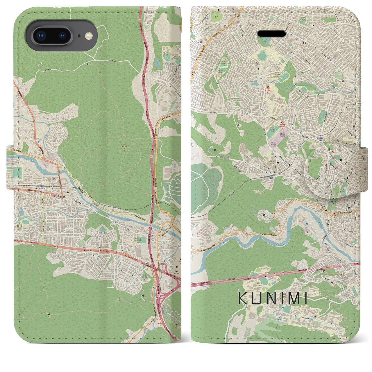 【国見(宮城県)】地図柄iPhoneケース(手帳タイプ)ナチュラル・iPhone 8Plus /7Plus / 6sPlus / 6Plus 用
