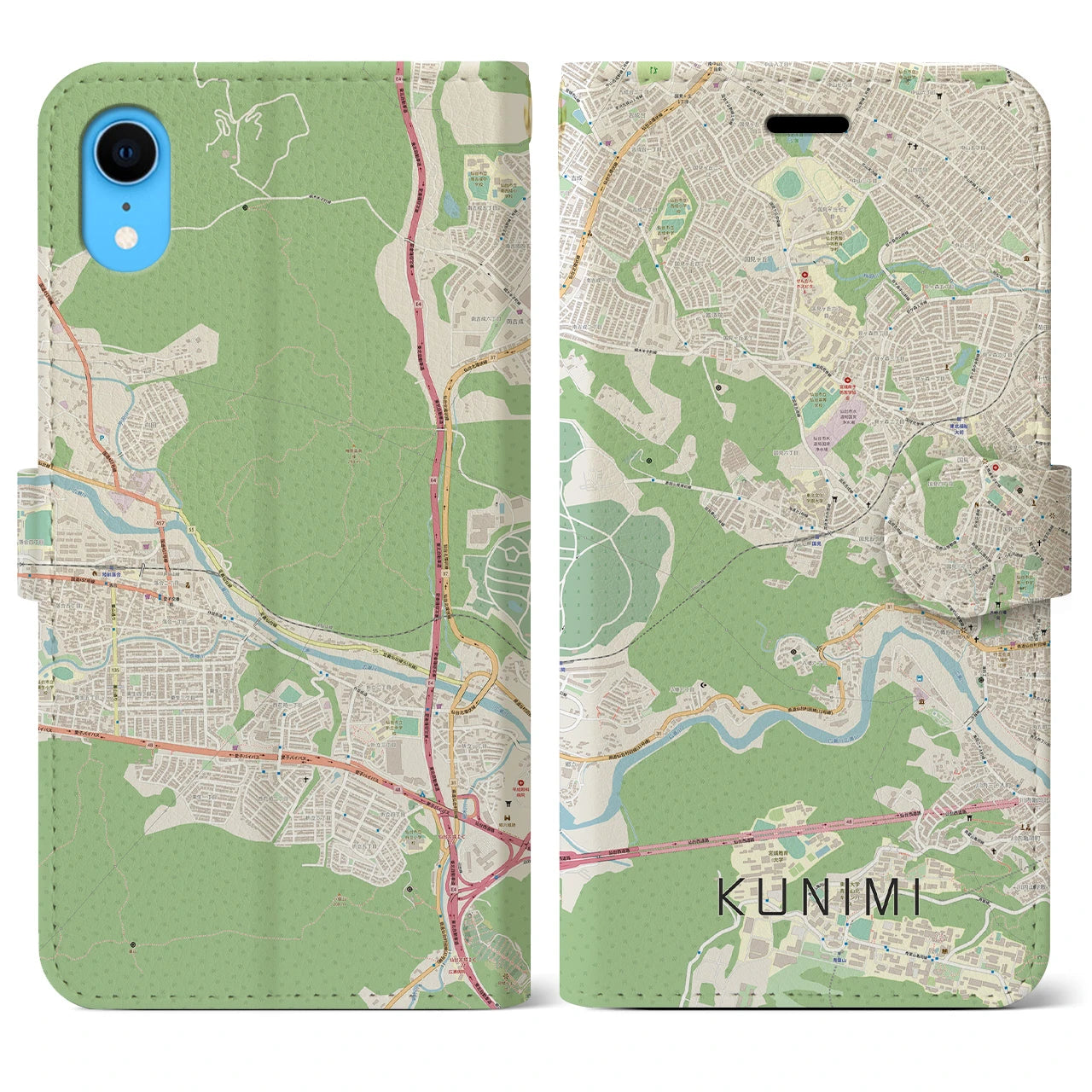 【国見(宮城県)】地図柄iPhoneケース(手帳タイプ)ナチュラル・iPhone XR 用