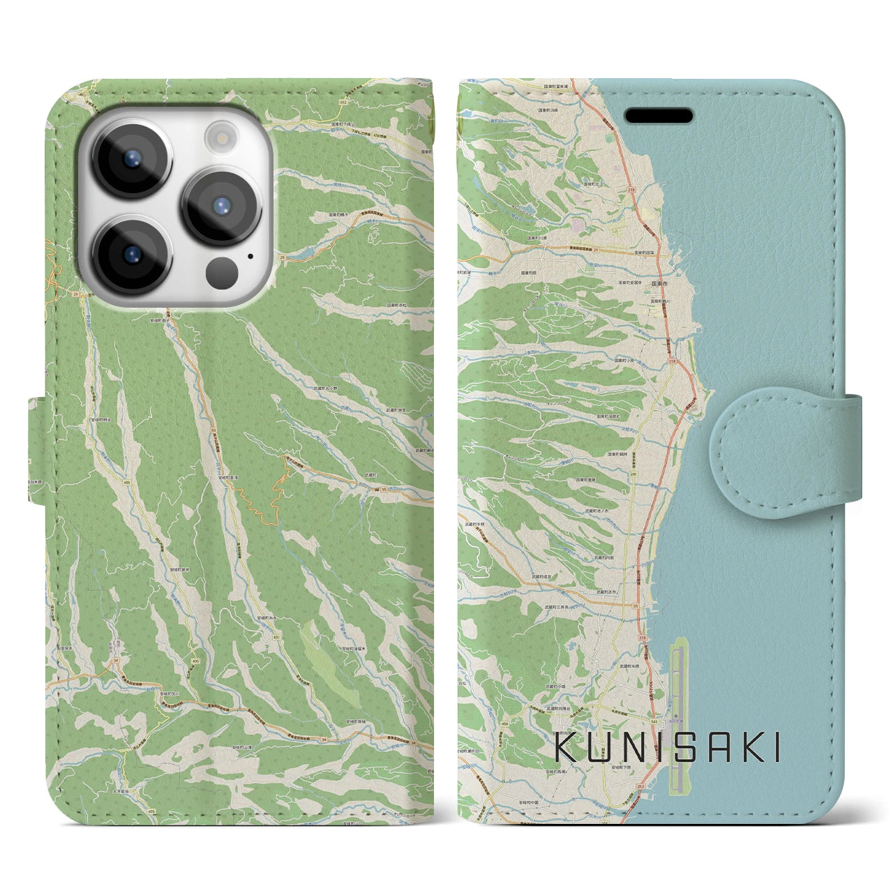 【国東(大分県)】地図柄iPhoneケース(手帳タイプ)ナチュラル・iPhone 14 Pro 用