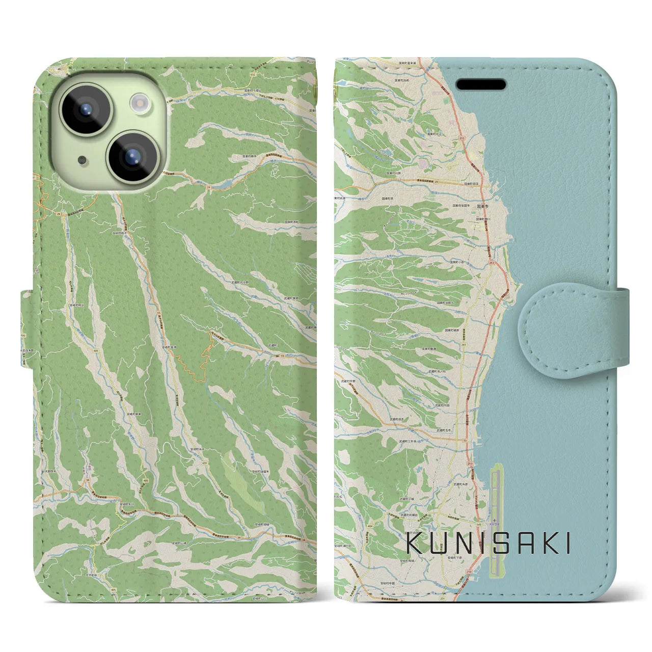 【国東(大分県)】地図柄iPhoneケース(手帳タイプ)ナチュラル・iPhone 15 用
