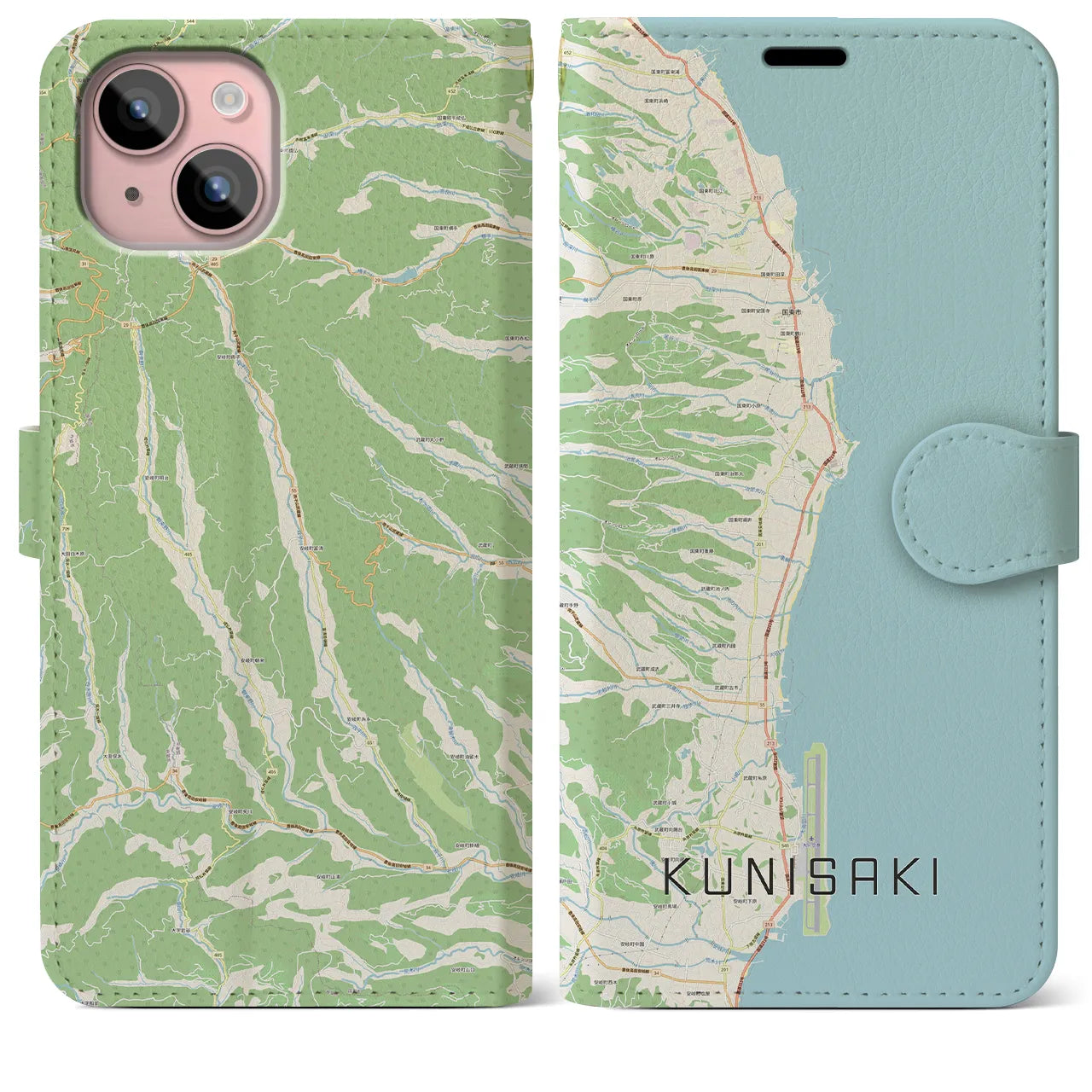 【国東(大分県)】地図柄iPhoneケース(手帳タイプ)ナチュラル・iPhone 15 Plus 用
