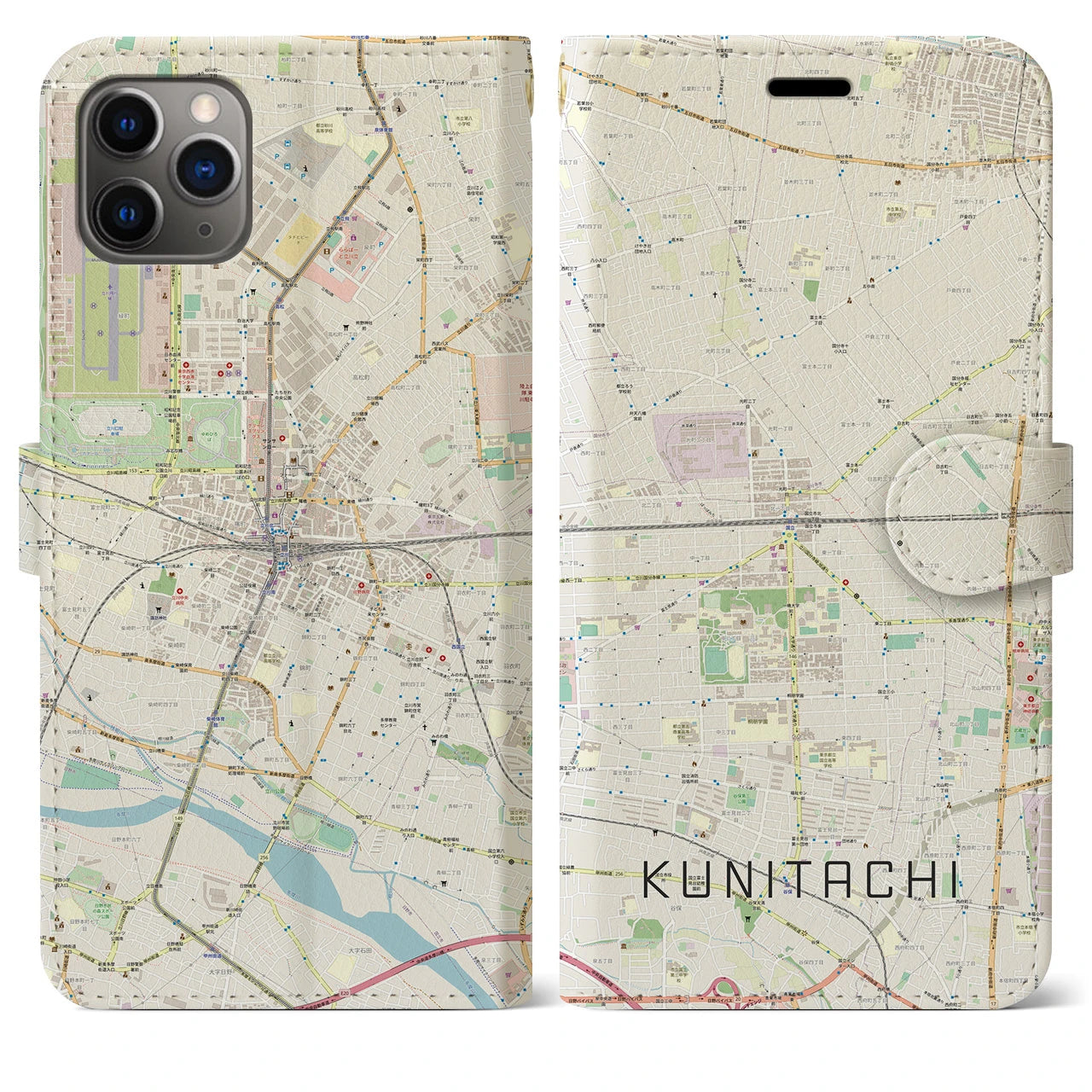 【国立2(東京都)】地図柄iPhoneケース(手帳タイプ)ナチュラル・iPhone 11 Pro Max 用