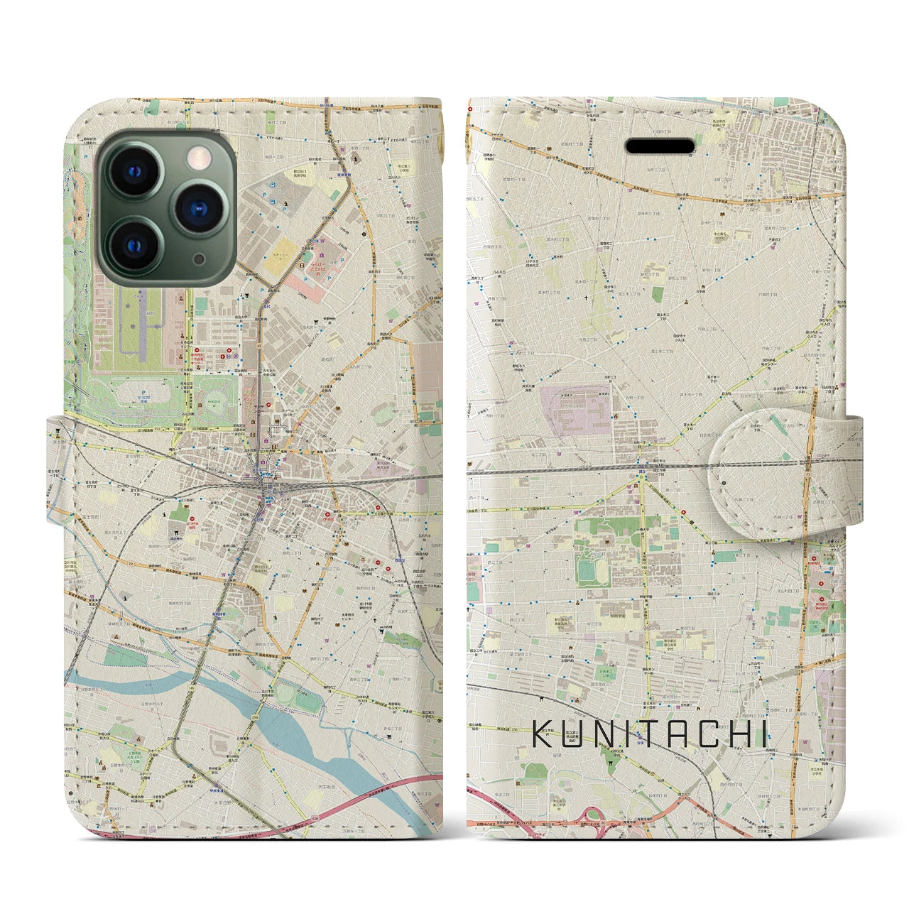 【国立2(東京都)】地図柄iPhoneケース(手帳タイプ)ナチュラル・iPhone 11 Pro 用