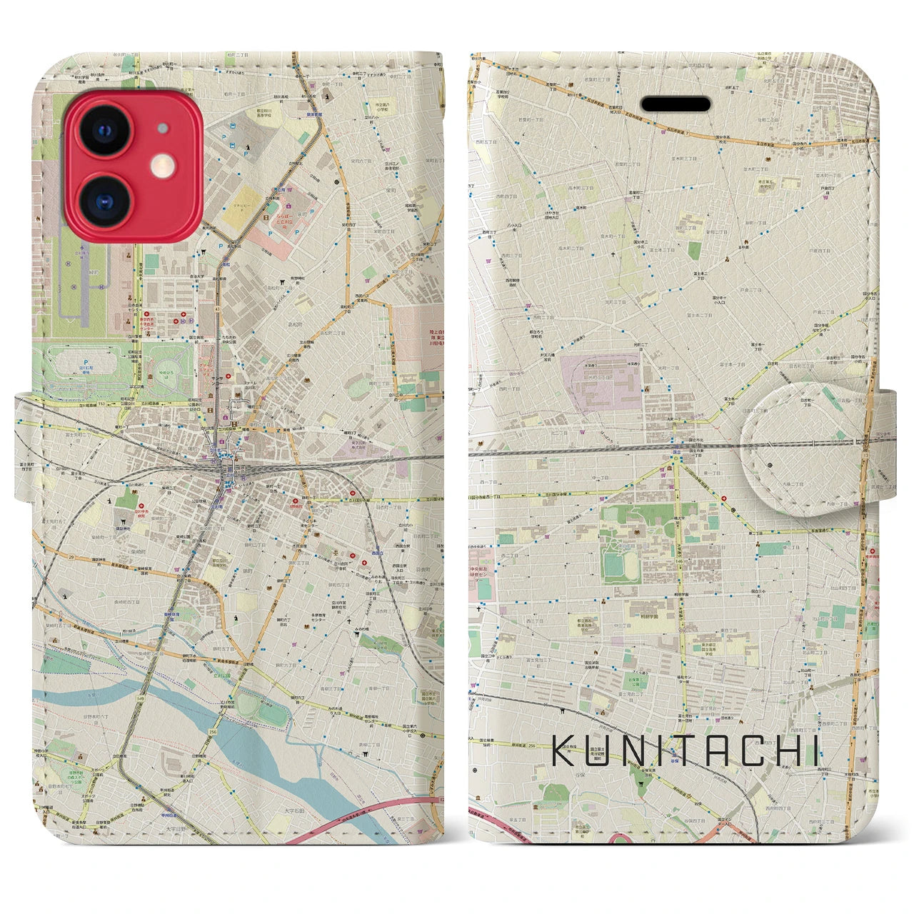 【国立2(東京都)】地図柄iPhoneケース(手帳タイプ)ナチュラル・iPhone 11 用