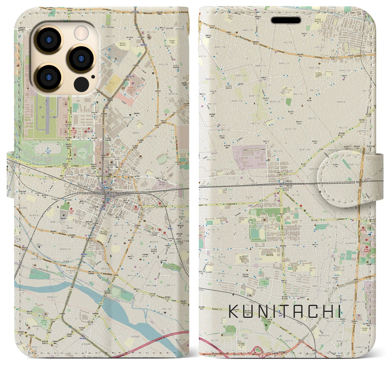 【国立2(東京都)】地図柄iPhoneケース(手帳タイプ)ナチュラル・iPhone 12 Pro Max 用