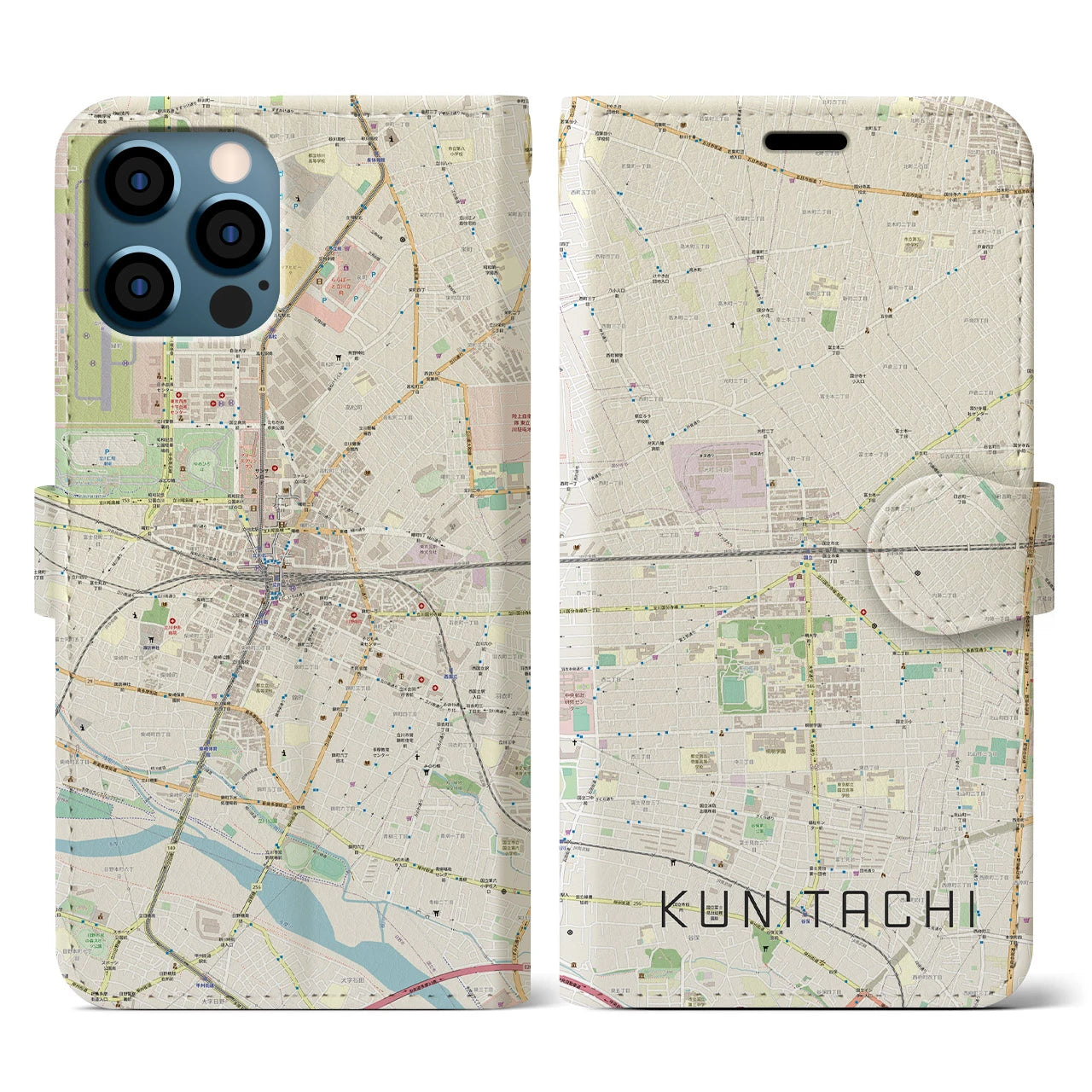 【国立2(東京都)】地図柄iPhoneケース(手帳タイプ)ナチュラル・iPhone 12 / 12 Pro 用
