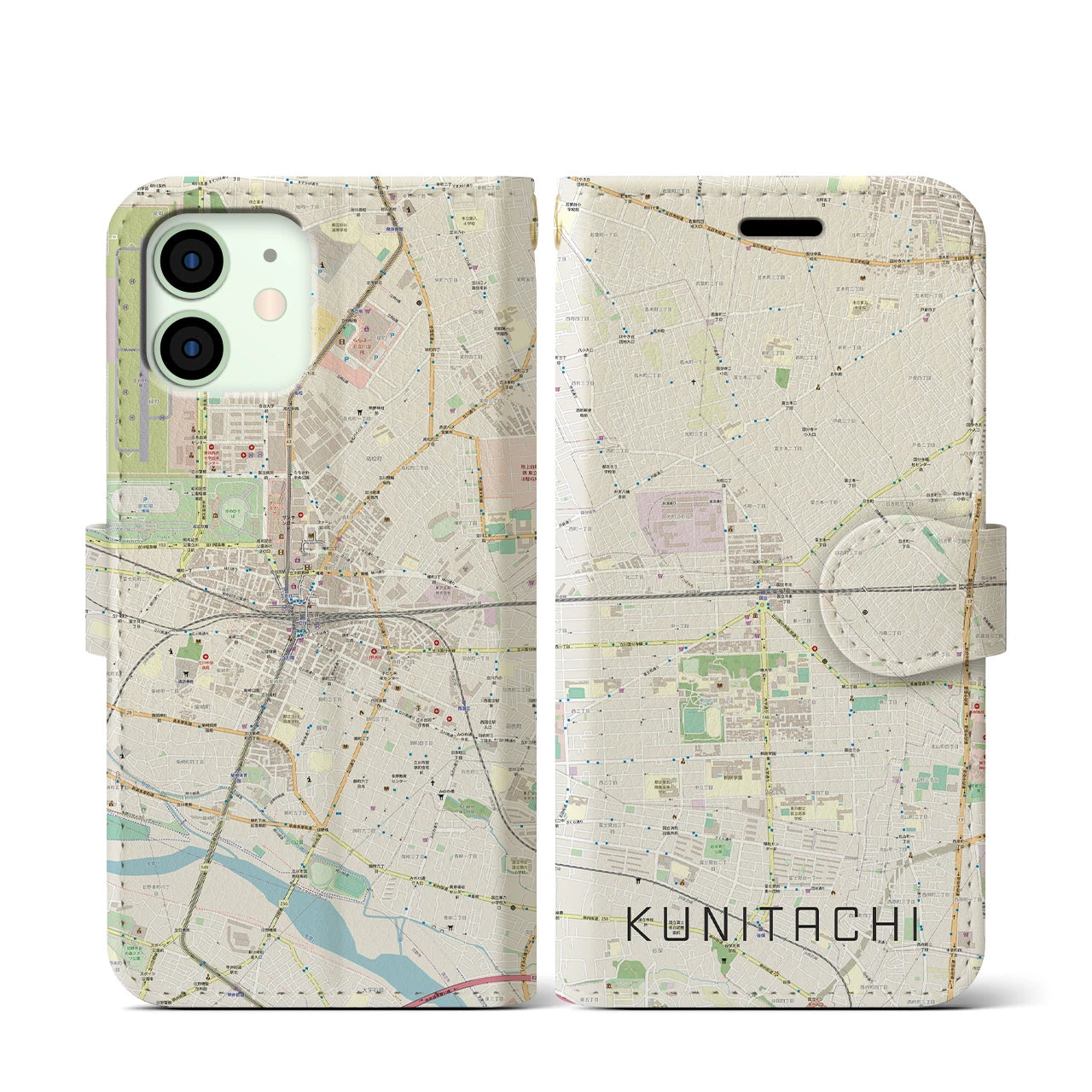【国立2(東京都)】地図柄iPhoneケース(手帳タイプ)ナチュラル・iPhone 12 mini 用