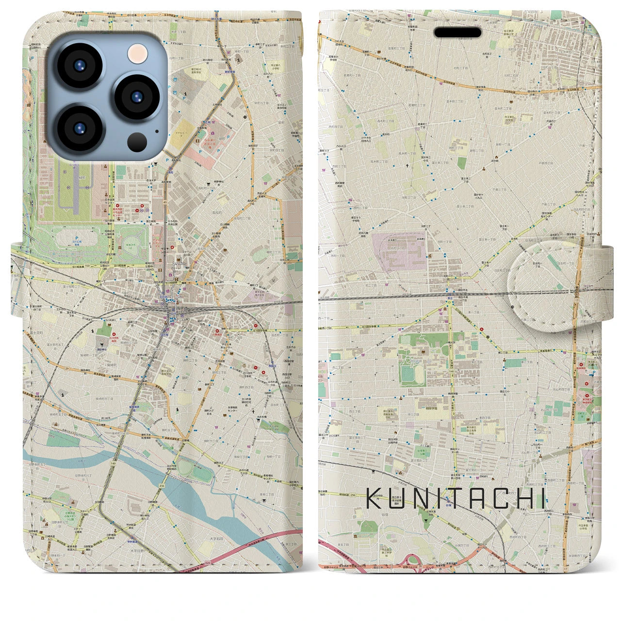 【国立2(東京都)】地図柄iPhoneケース(手帳タイプ)ナチュラル・iPhone 13 Pro Max 用