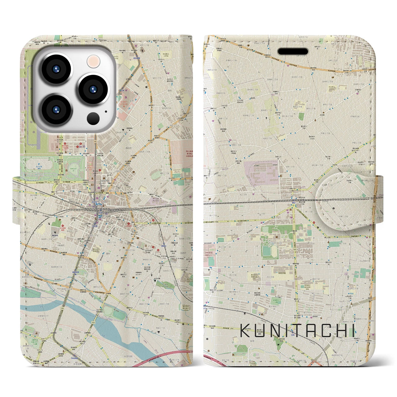 【国立2(東京都)】地図柄iPhoneケース(手帳タイプ)ナチュラル・iPhone 13 Pro 用