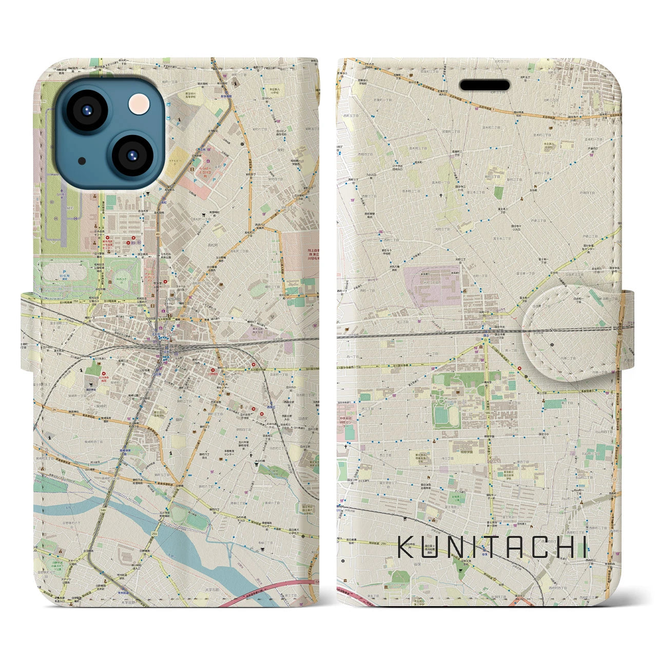 【国立2(東京都)】地図柄iPhoneケース(手帳タイプ)ナチュラル・iPhone 13 用