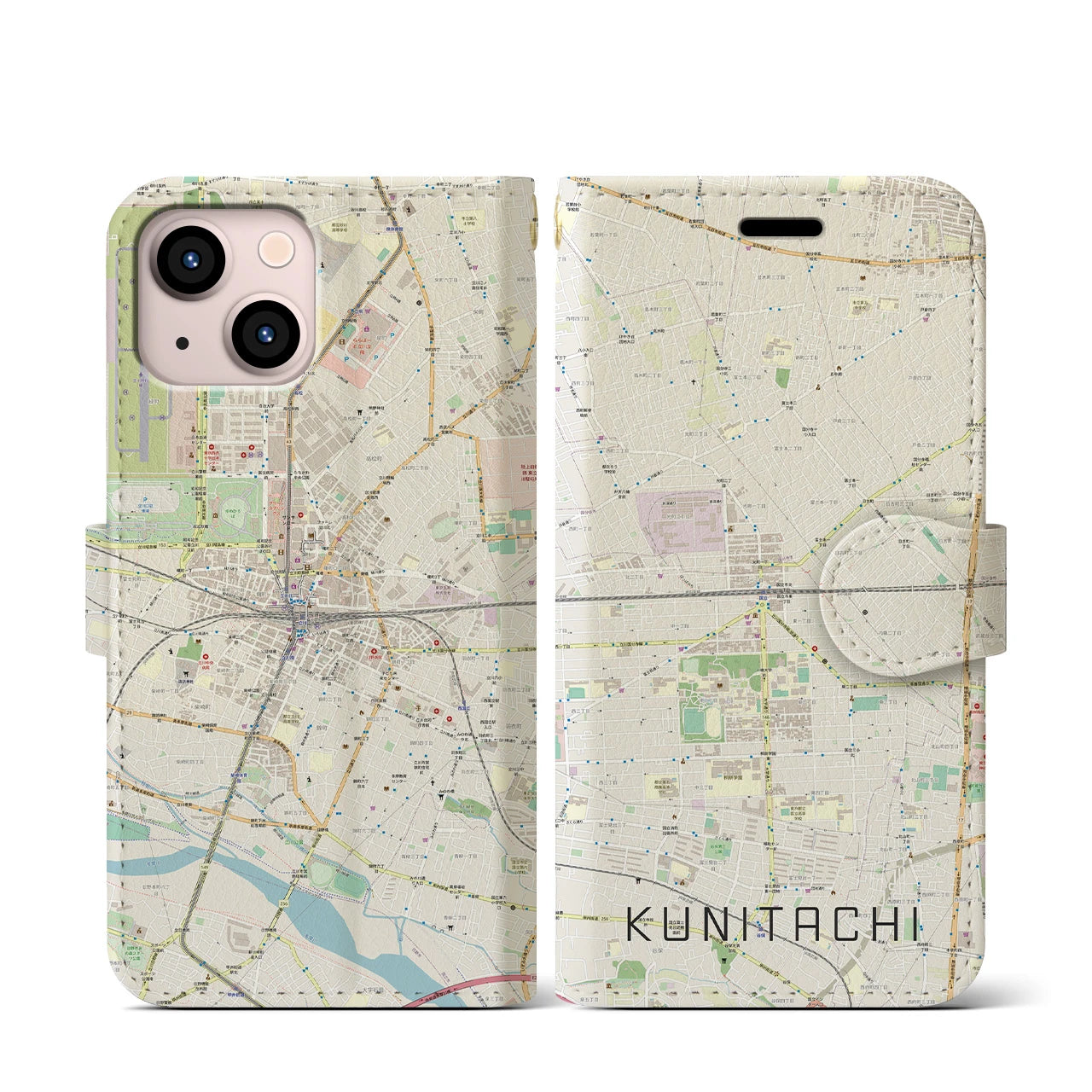 【国立2(東京都)】地図柄iPhoneケース(手帳タイプ)ナチュラル・iPhone 13 mini 用