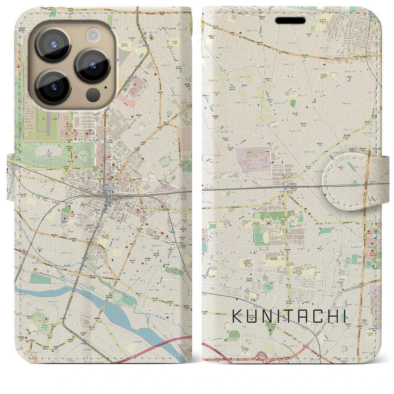 【国立2(東京都)】地図柄iPhoneケース(手帳タイプ)ナチュラル・iPhone 14 Pro Max 用