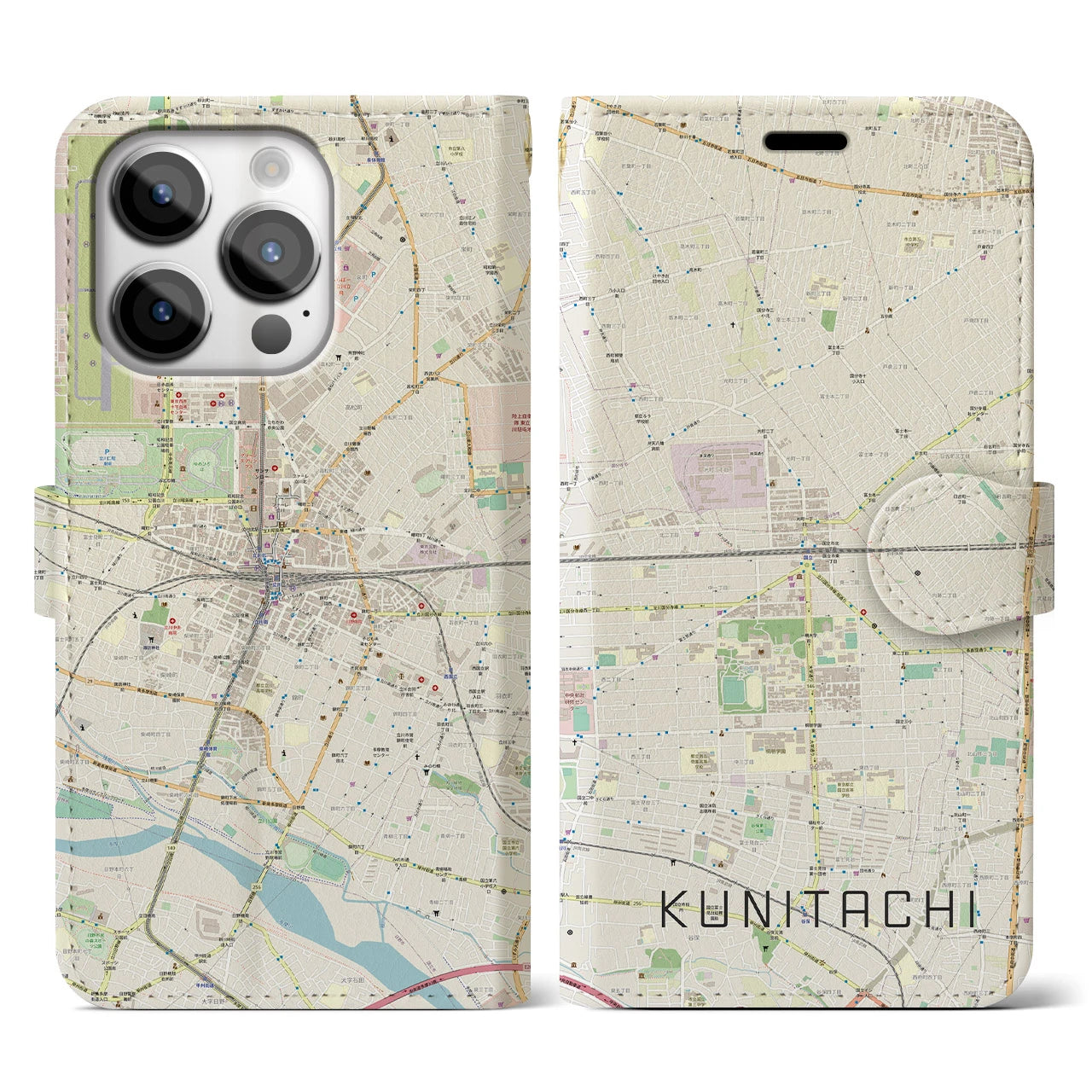 【国立2(東京都)】地図柄iPhoneケース(手帳タイプ)ナチュラル・iPhone 14 Pro 用