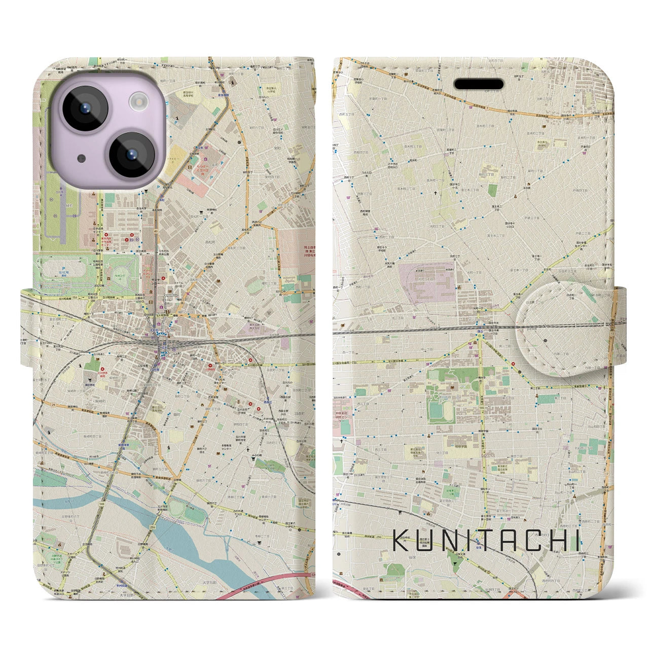 【国立2(東京都)】地図柄iPhoneケース(手帳タイプ)ナチュラル・iPhone 14 用