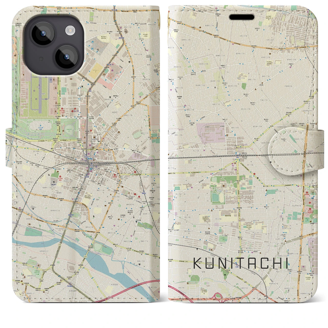 【国立2(東京都)】地図柄iPhoneケース(手帳タイプ)ナチュラル・iPhone 14 Plus 用