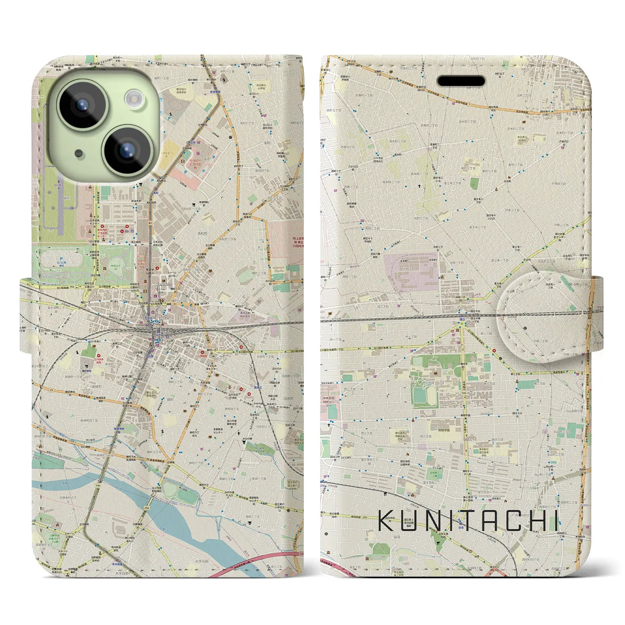 【国立2(東京都)】地図柄iPhoneケース(手帳タイプ)ナチュラル・iPhone 15 用