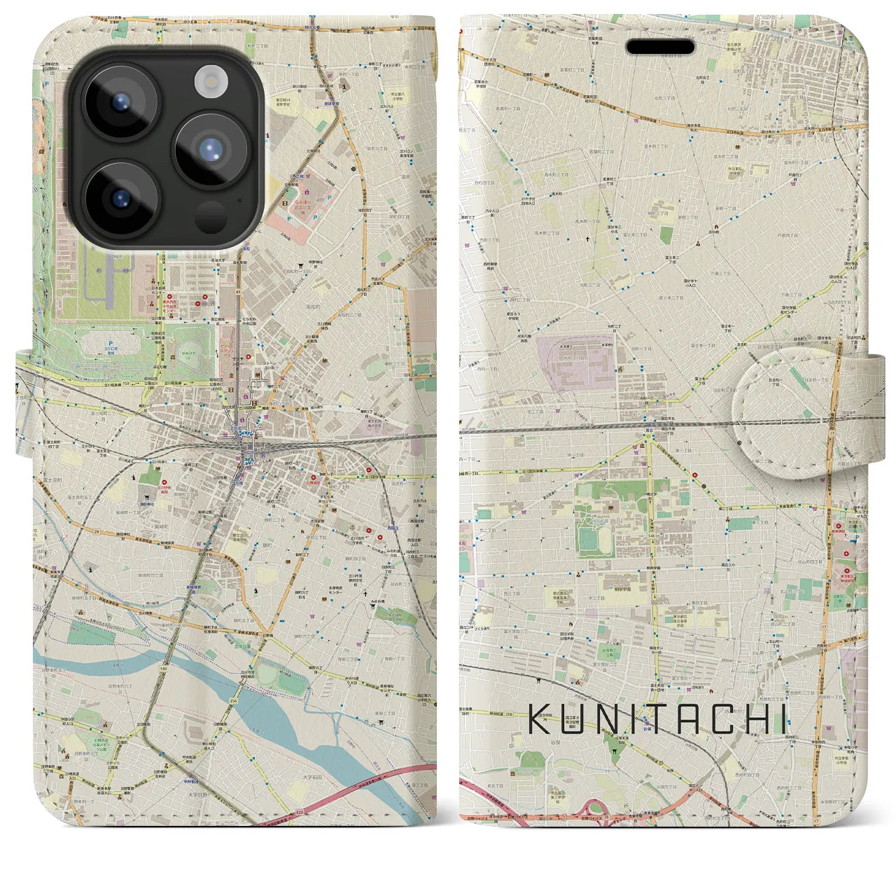 【国立2(東京都)】地図柄iPhoneケース(手帳タイプ)ナチュラル・iPhone 15 Pro Max 用