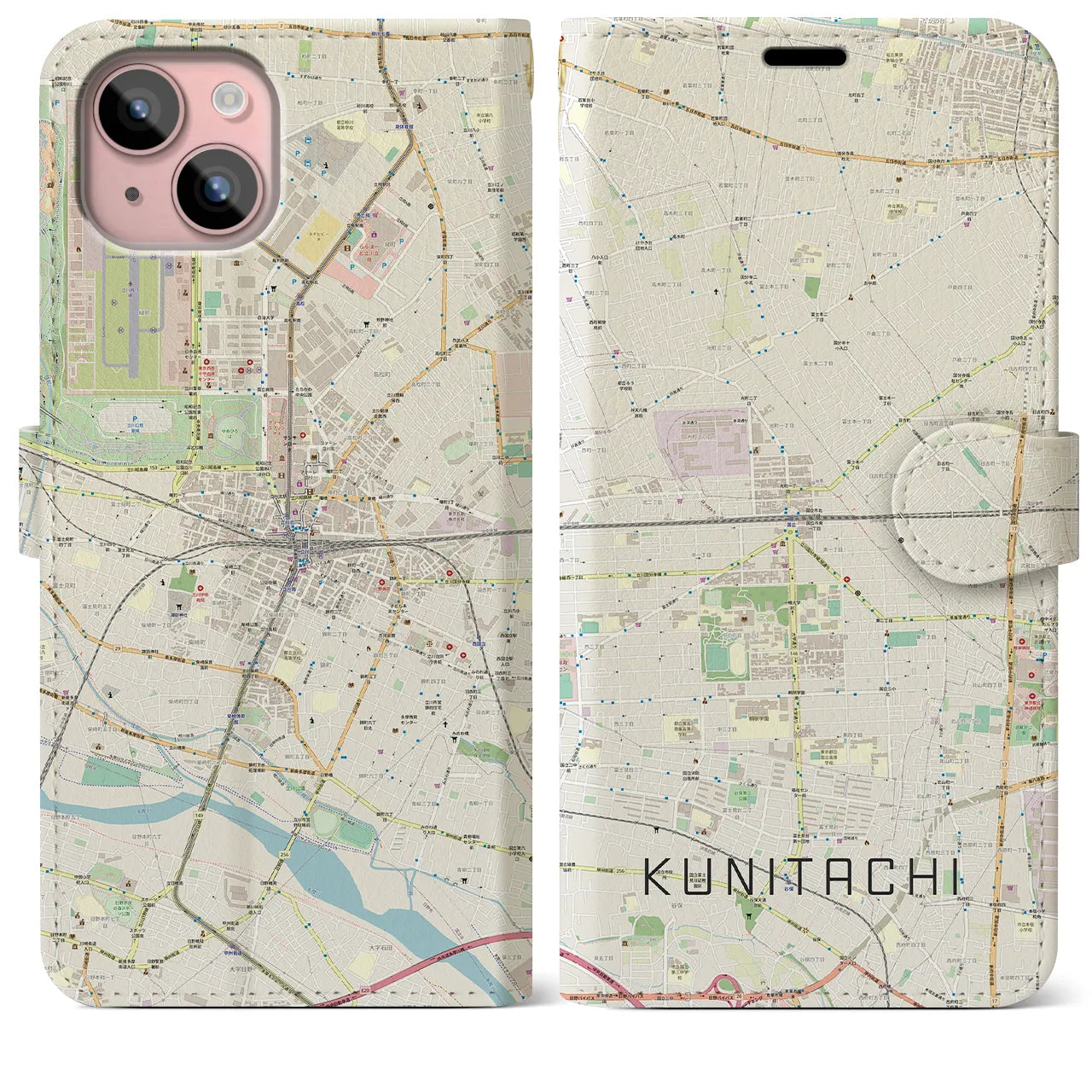 【国立2(東京都)】地図柄iPhoneケース(手帳タイプ)ナチュラル・iPhone 15 Plus 用