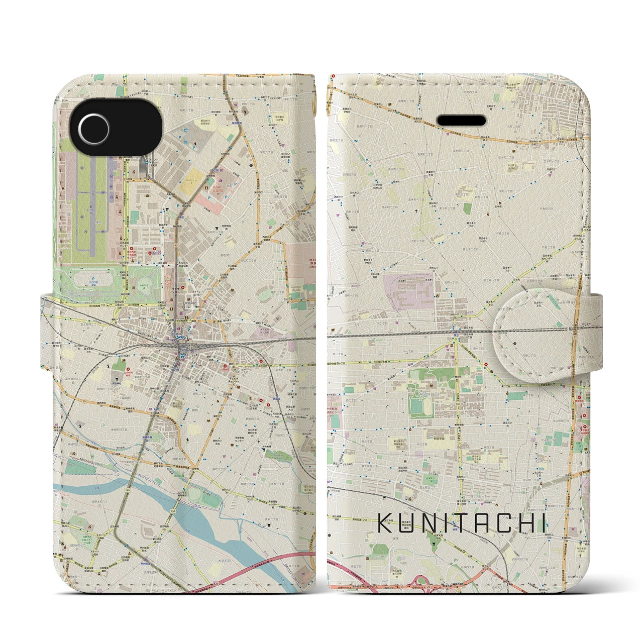 【国立2(東京都)】地図柄iPhoneケース(手帳タイプ)ナチュラル・iPhone SE(第3 / 第2世代) / 8 / 7 / 6s / 6 用