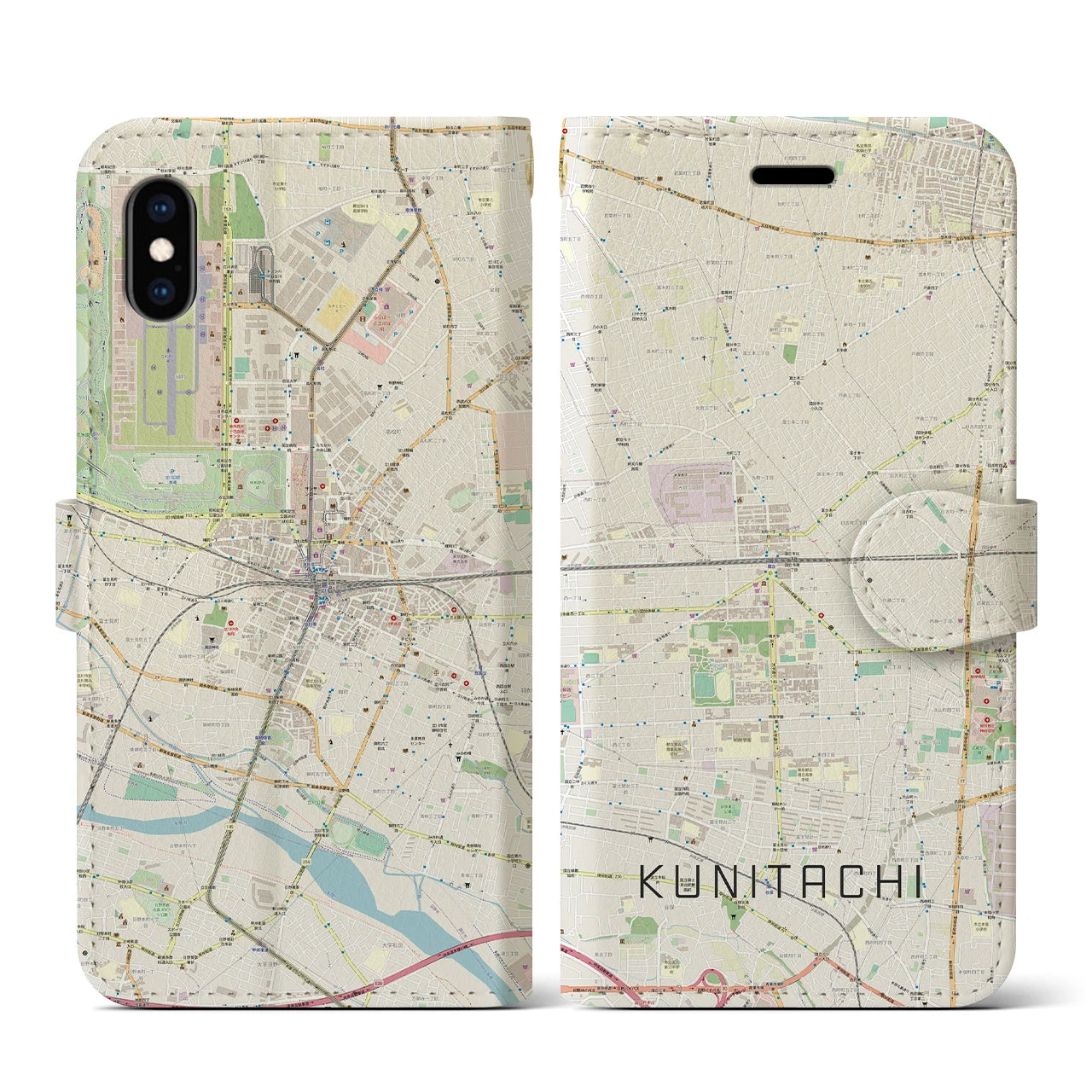【国立2(東京都)】地図柄iPhoneケース(手帳タイプ)ナチュラル・iPhone XS / X 用