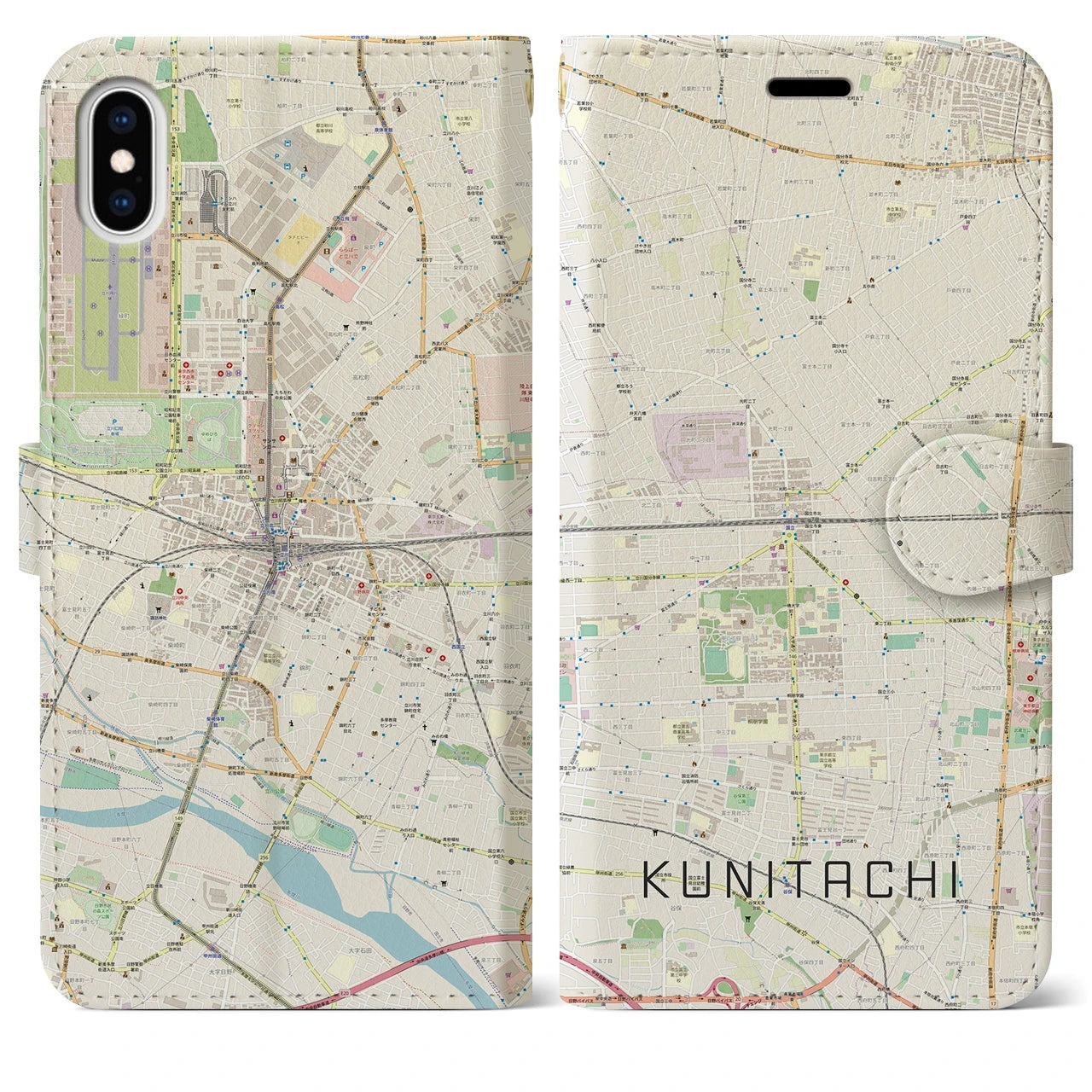 【国立2(東京都)】地図柄iPhoneケース(手帳タイプ)ナチュラル・iPhone XS Max 用