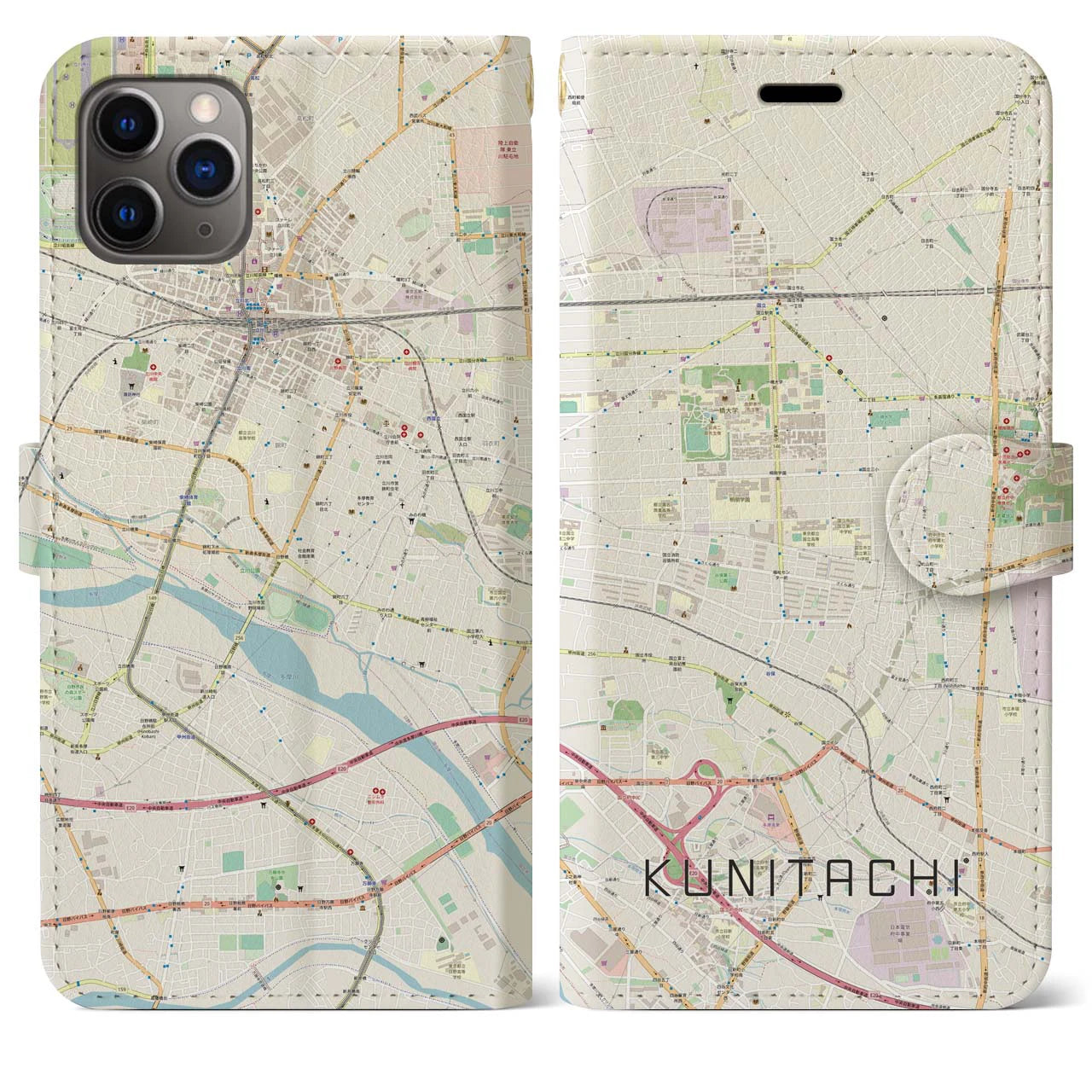 【国立(東京都)】地図柄iPhoneケース(手帳タイプ)ナチュラル・iPhone 11 Pro Max 用