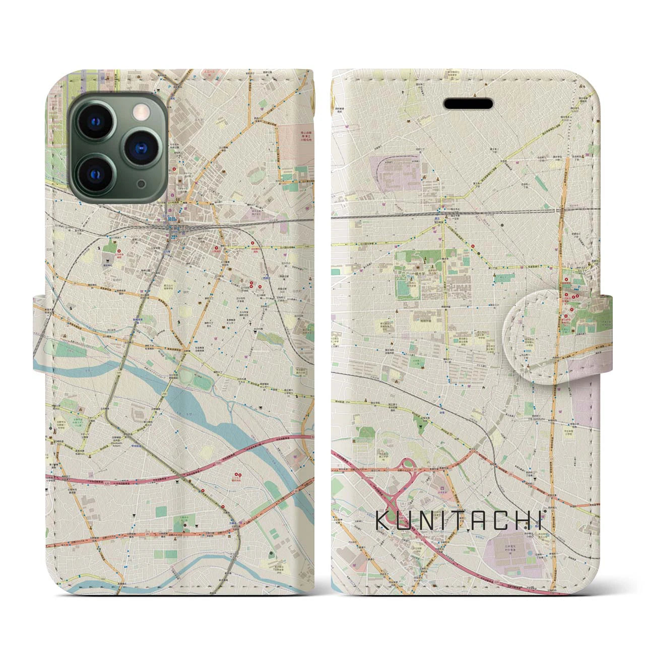 【国立(東京都)】地図柄iPhoneケース(手帳タイプ)ナチュラル・iPhone 11 Pro 用