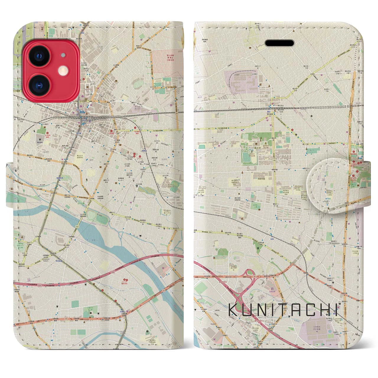 【国立(東京都)】地図柄iPhoneケース(手帳タイプ)ナチュラル・iPhone 11 用