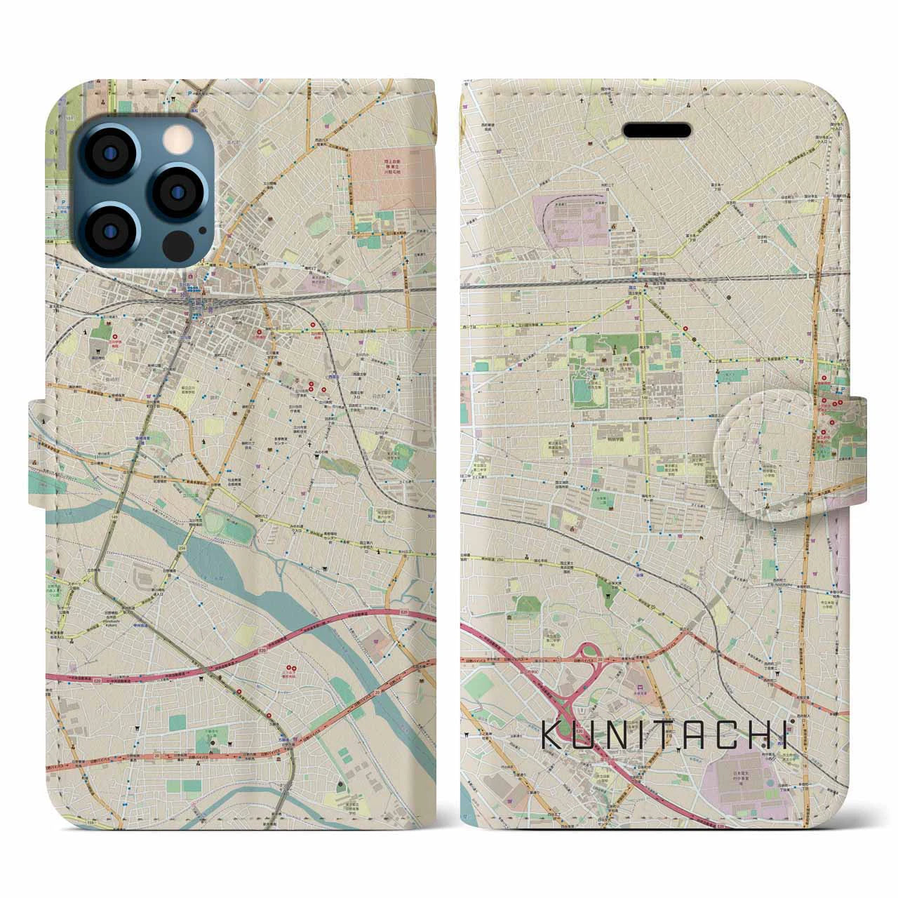 【国立(東京都)】地図柄iPhoneケース(手帳タイプ)ナチュラル・iPhone 12 / 12 Pro 用