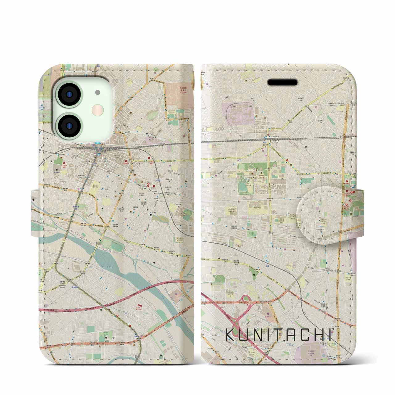 【国立(東京都)】地図柄iPhoneケース(手帳タイプ)ナチュラル・iPhone 12 mini 用