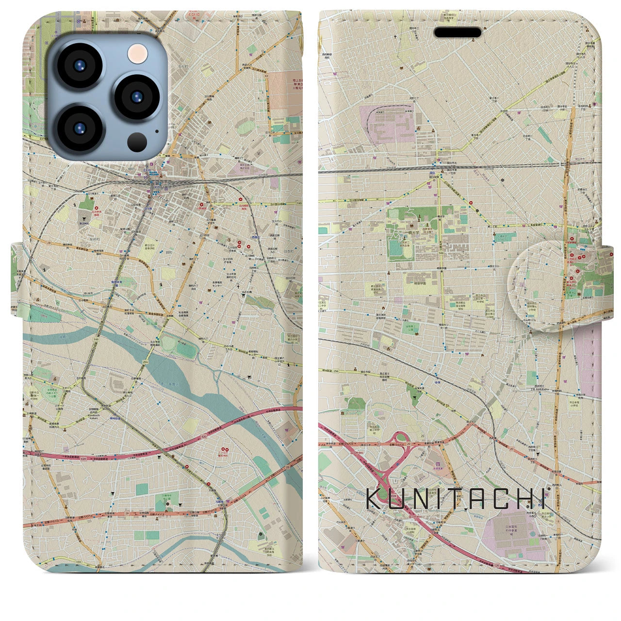 【国立(東京都)】地図柄iPhoneケース(手帳タイプ)ナチュラル・iPhone 13 Pro Max 用
