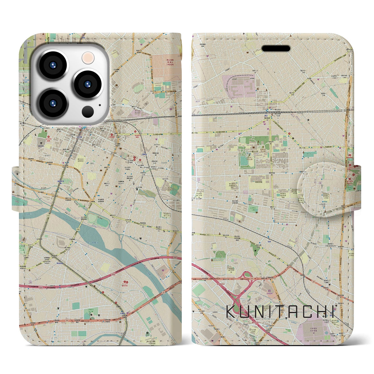 【国立(東京都)】地図柄iPhoneケース(手帳タイプ)ナチュラル・iPhone 13 Pro 用