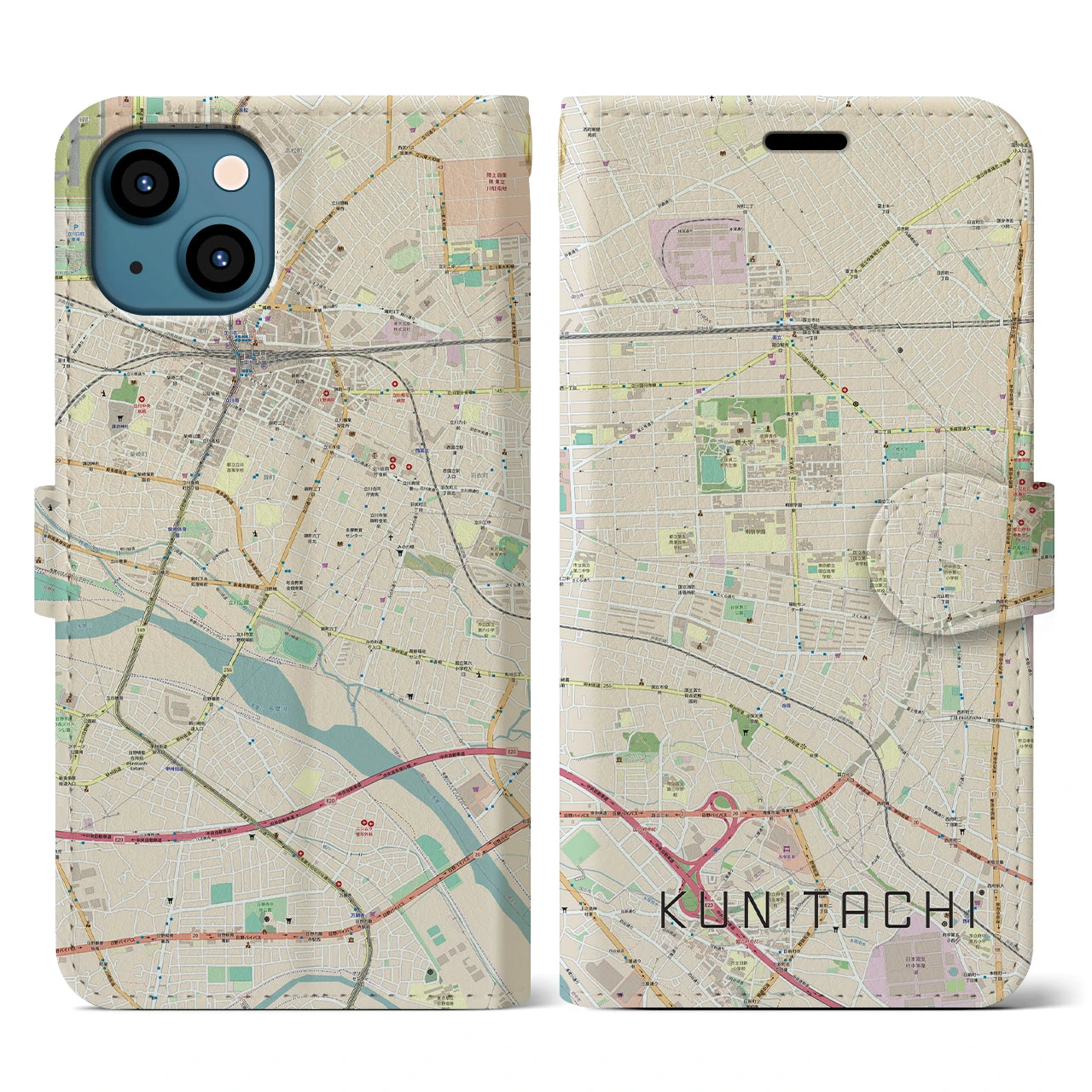 【国立(東京都)】地図柄iPhoneケース(手帳タイプ)ナチュラル・iPhone 13 用