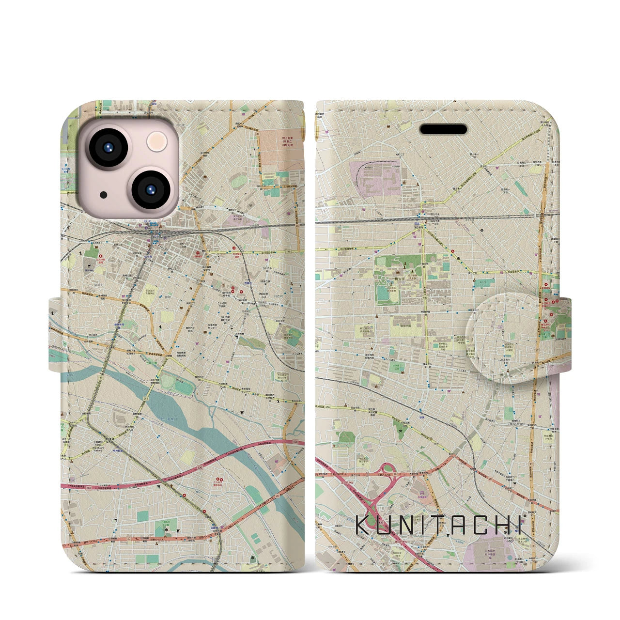 【国立(東京都)】地図柄iPhoneケース(手帳タイプ)ナチュラル・iPhone 13 mini 用