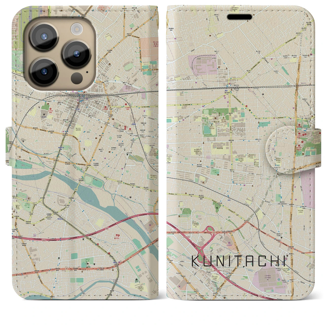 【国立(東京都)】地図柄iPhoneケース(手帳タイプ)ナチュラル・iPhone 14 Pro Max 用