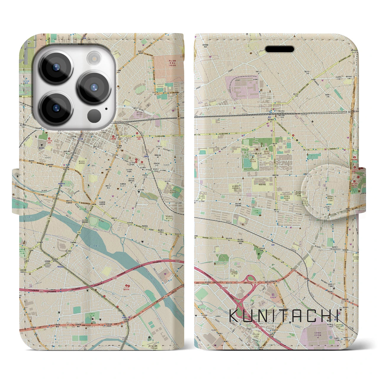 【国立(東京都)】地図柄iPhoneケース(手帳タイプ)ナチュラル・iPhone 14 Pro 用