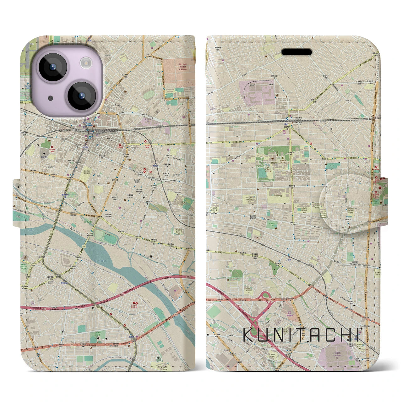 【国立(東京都)】地図柄iPhoneケース(手帳タイプ)ナチュラル・iPhone 14 用