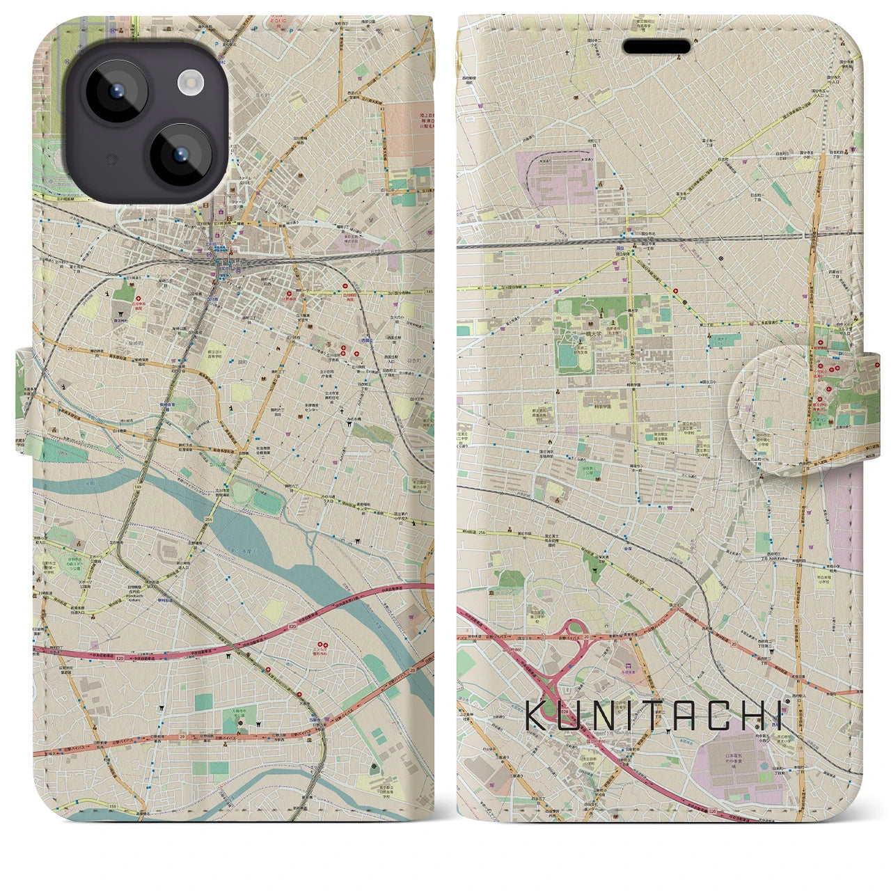 【国立(東京都)】地図柄iPhoneケース(手帳タイプ)ナチュラル・iPhone 14 Plus 用